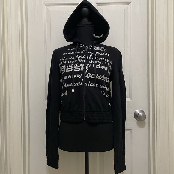 Vintage Bebe Sport Cropped Hoodie Black w/ Glitter Words Y2K Stretchy NWT Bling - Picture 1 of 9